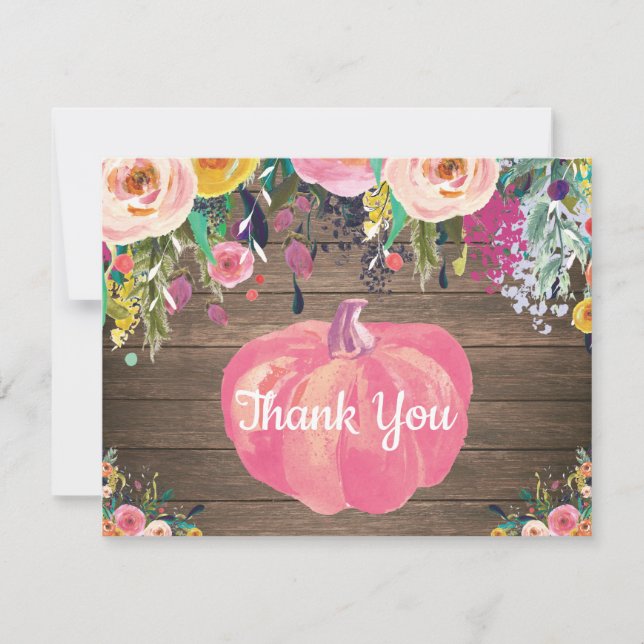 Rustic Floral Fall Pumpkin Thank You Card (Front)