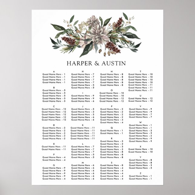 Rustic Floral Fall Winter Wedding Seating Chart (Front)