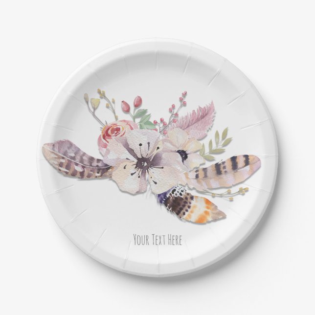 Rustic Floral & Feathers Boho Chic Party Paper Plate (Front)