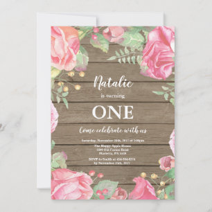 Rustic Floral First 1st Girl Birthday Invitation