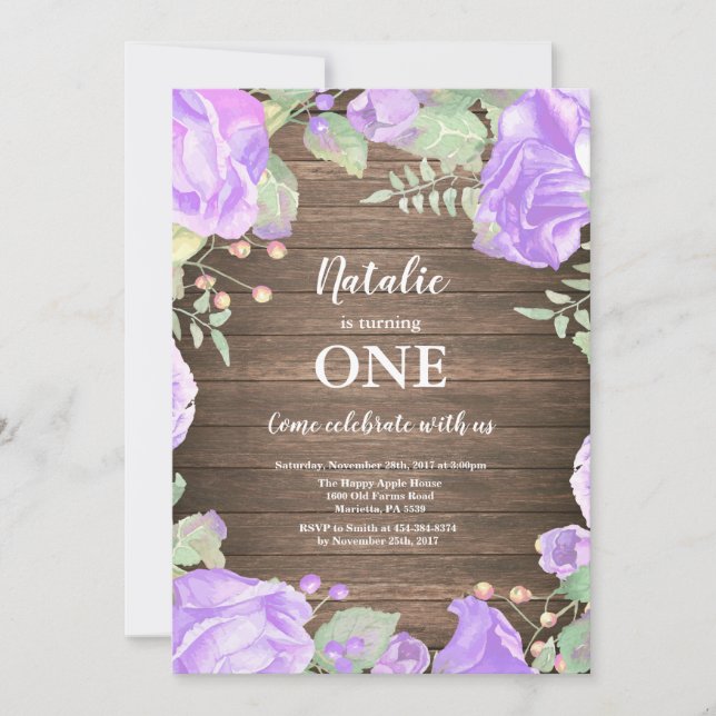 Rustic Floral First 1st Girl Birthday Invitation (Front)