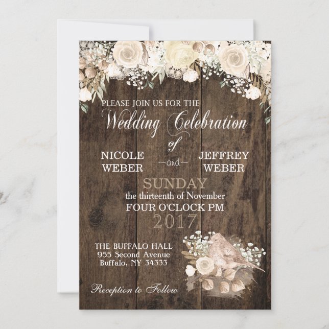 Rustic Floral Flower Country Wood Wedding Invitation (Front)