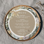 Rustic Floral Frame Fall Winter Wedding Circle Menu<br><div class="desc">This wedding menu card features watercolor flowers,  berries and pine cones in neutral fall colours with kraft paper print on the back. This will be perfect for fall/autumn and winter wedding. For more advanced customisation of this design,  please click the DESIGN TOOL BUTTON above! Matching items are also available.</div>