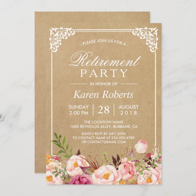 Rustic Floral Frame Kraft | Retirement Party Invitation (Front/Back)