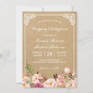 Rustic Floral Frame Kraft   Wedding Celebration Invitation