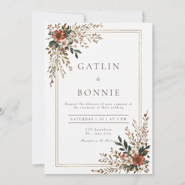 Rustic Floral Frame Wedding Invitation (Front)