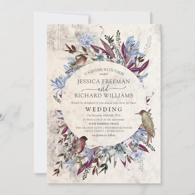 Rustic floral frame with birds invitation (Front)