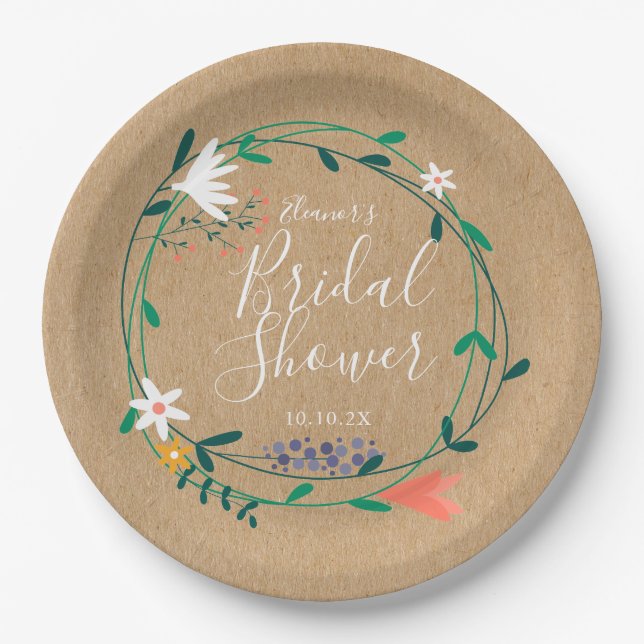 Rustic Floral Garland Bridal Shower Paper Plate (Front)