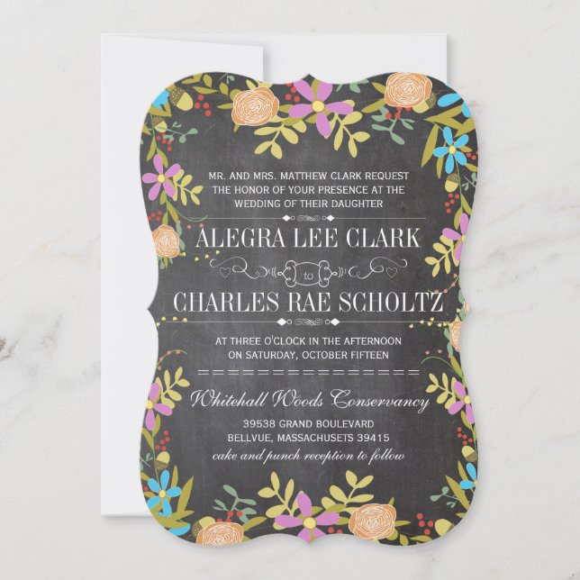 Rustic Floral Garland Chalkboard Wedding Invitation (Front)