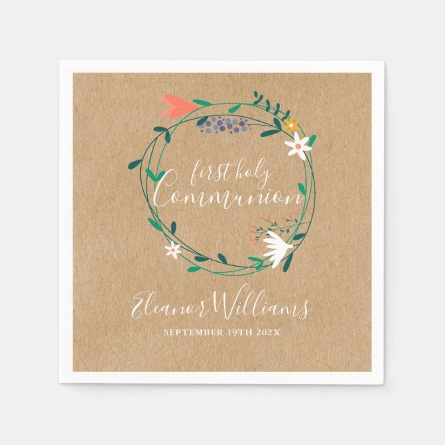 Rustic Floral Garland First Holy Communion Napkin (Front)