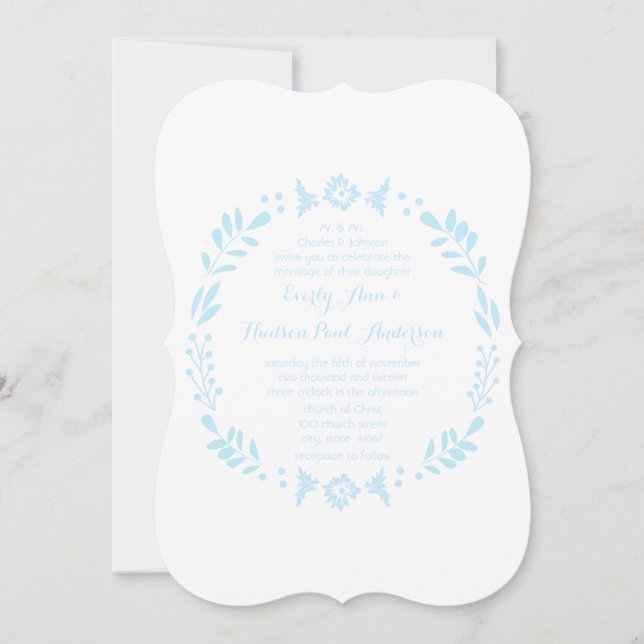 Rustic Floral Garland Folk Art Blue Wedding Invitation (Front)