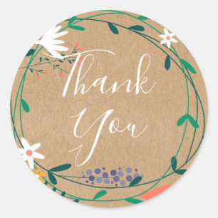 Rustic Floral Garland Script Thank You Classic Round Sticker