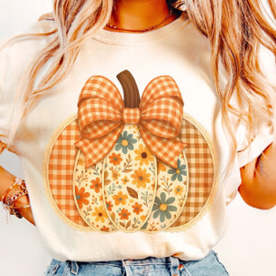 Rustic Floral Gingham Autumn Pumpkin T-Shirt