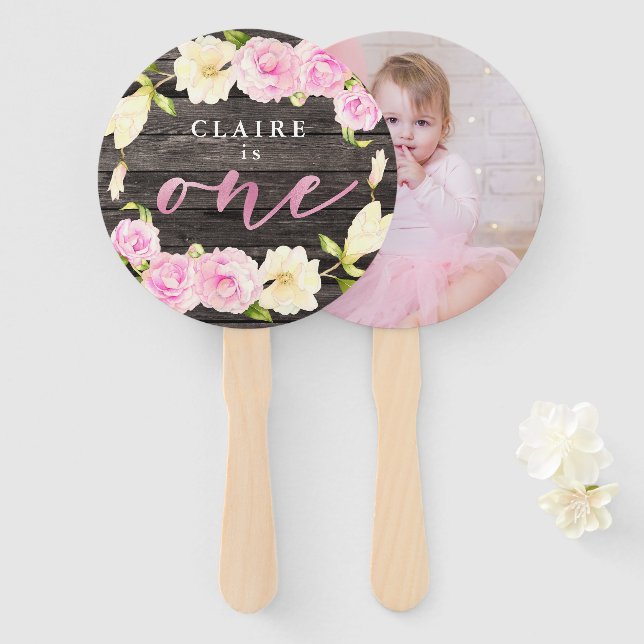 Rustic Floral Girl 1st Birthday Party Custom Photo Hand Fan (Front and Back)