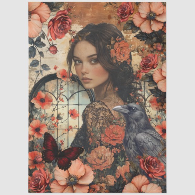 Rustic Floral Girly Fantasy Art Collage Decoupage Tissue Paper (Front)