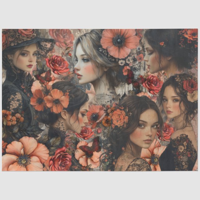 Rustic Floral Girly Fantasy Art Collage Decoupage Tissue Paper (Front)
