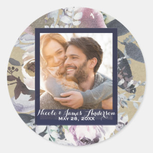 Rustic Floral Glam Navy Kraft Photo Wedding Favour Classic Round Sticker