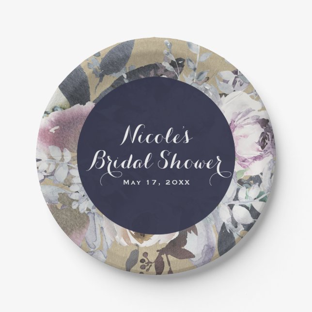 Rustic Floral Glam Navy Kraft Wedding Bridal Chic Paper Plate (Front)
