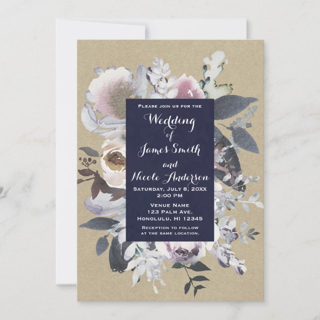 Rustic Floral Glam Navy Kraft Wedding Invitations (Front)