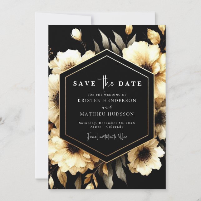  Rustic Floral Gold and Black Wedding Save The Date (Front)