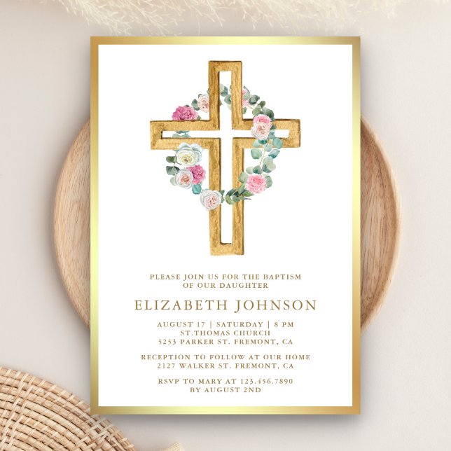 Rustic Floral Gold Eucalyptus Wood Cross Baptism Invitation (Creator Uploaded)