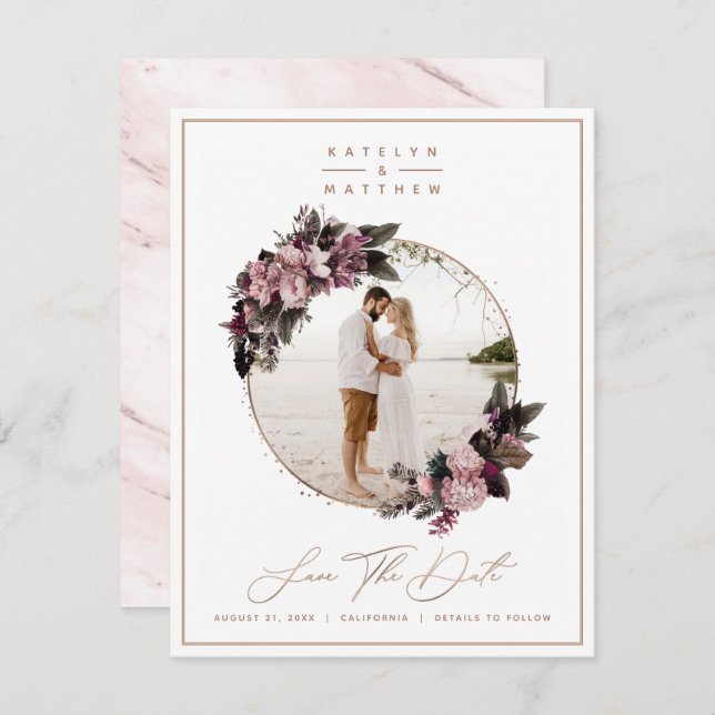 Rustic Floral Gold Framed Photo & Calligraphy Save The Date (Front/Back)
