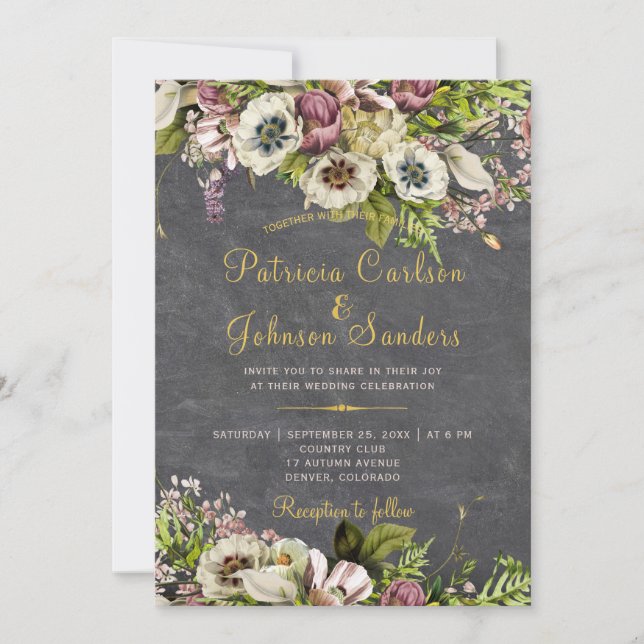 Rustic floral gold grey chalkboard fall wedding invitation (Front)