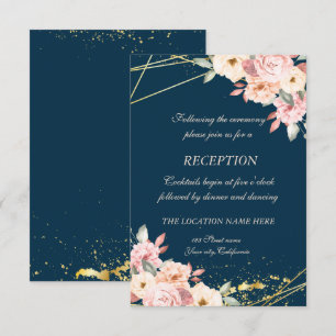Rustic Floral Gold Navy Blue  Wedding Reception Invitation