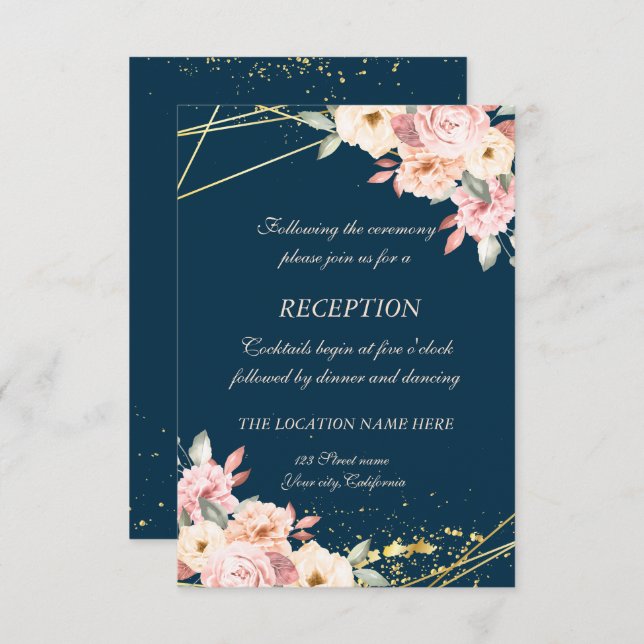 Rustic Floral Gold Navy Blue  Wedding Reception Invitation (Front/Back)