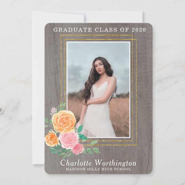 RUSTIC FLORAL GOLD PHOTO BOHO GRADUATION INVITATION (Front)