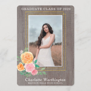 RUSTIC FLORAL GOLD PHOTO BOHO GRADUATION INVITATION