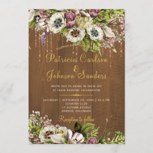 Rustic floral gold script autumn fall wood wedding invitation