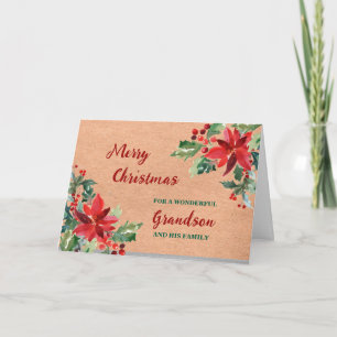 Rustic Floral Grandson & Family Merry Christmas Card