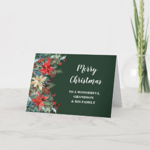 Rustic Floral Grandson & Family Merry Christmas Card