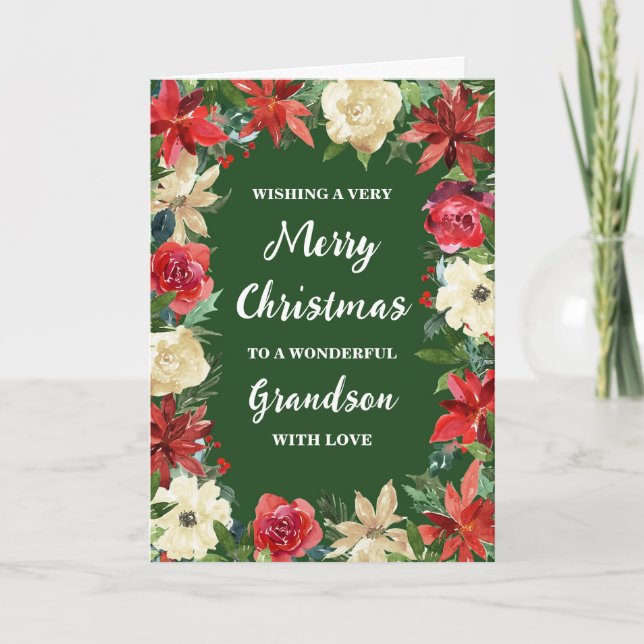 Rustic Floral Grandson Merry Christmas Card (Front)