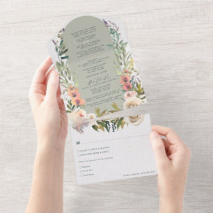 Rustic Floral Green Sage Wedding All In One Invitation
