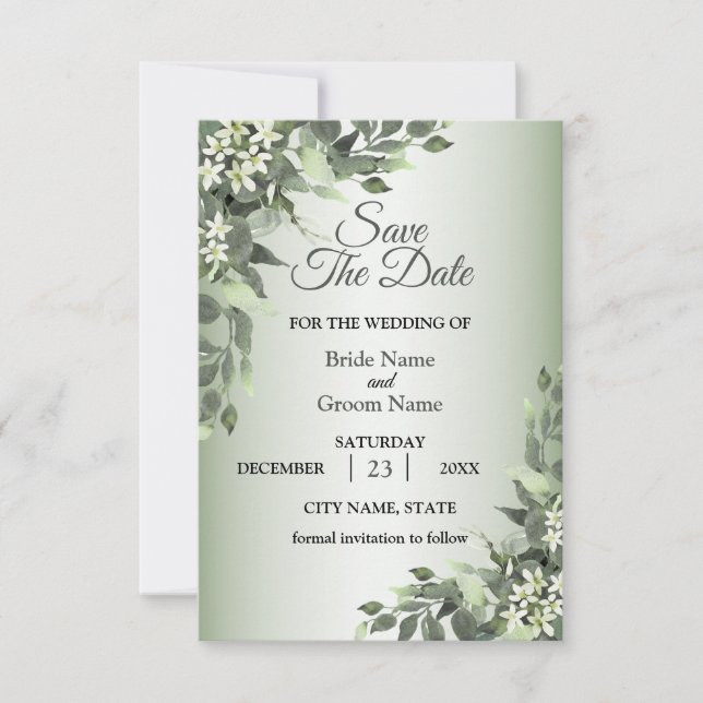 Rustic Floral Greenery Eucalyptus Leaves Save The Date (Front)
