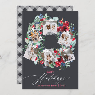 Rustic floral grey Christmas wreath photos happy Holiday Card