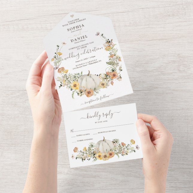 Rustic Floral Harvest Fall Pumpkin Wedding All In  One Invitation (Tearaway)