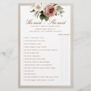 Rustic Floral He Said She Said Bridal Shower Game