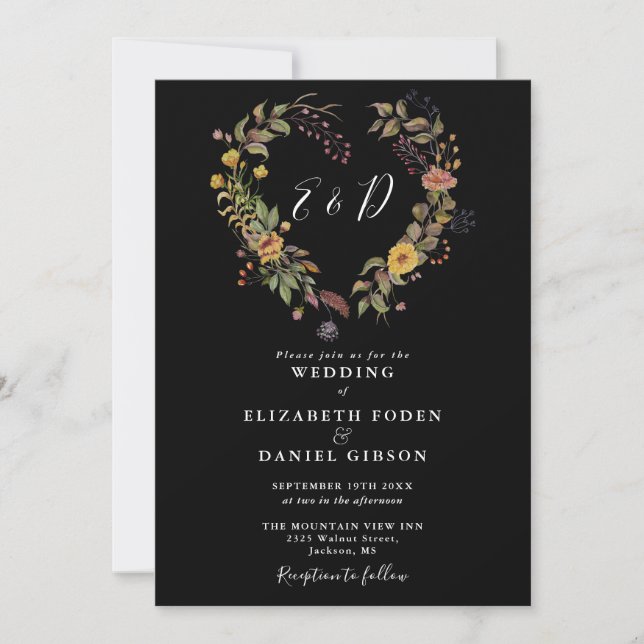 Rustic Floral Heart Black And White Wedding Invitation (Front)