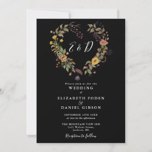 Rustic Floral Heart Black And White Wedding Invitation