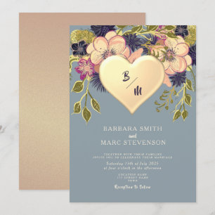 Rustic Floral Heart Gold Dusty Blue Wedding Invite