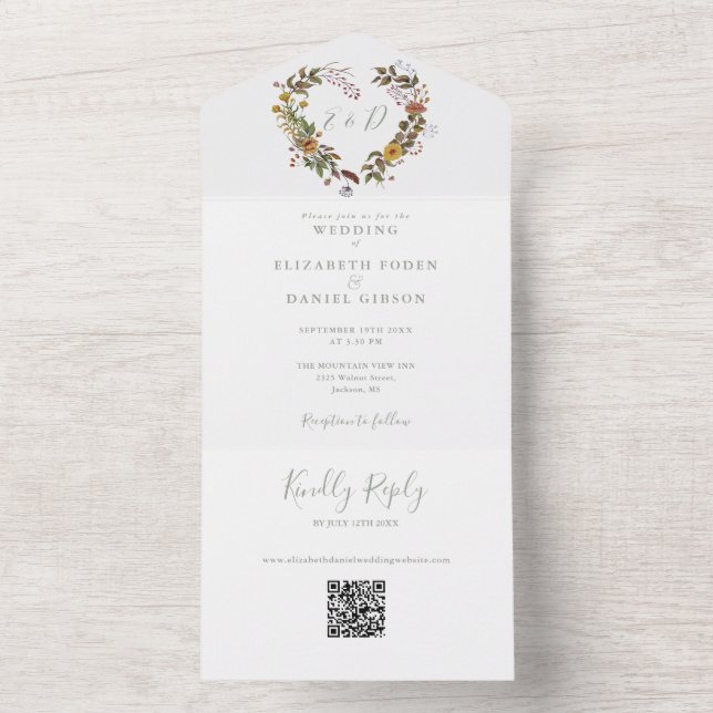 Rustic Floral Heart QR Code Sage Green Wedding All In One Invitation (Inside)