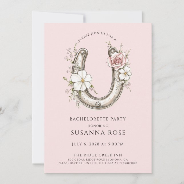 Rustic Floral Horseshoe Bachelorette Party Pink Invitation (Front)