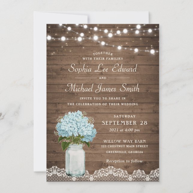 Rustic Floral Hydrangea Mason Jar String Lights Invitation (Front)