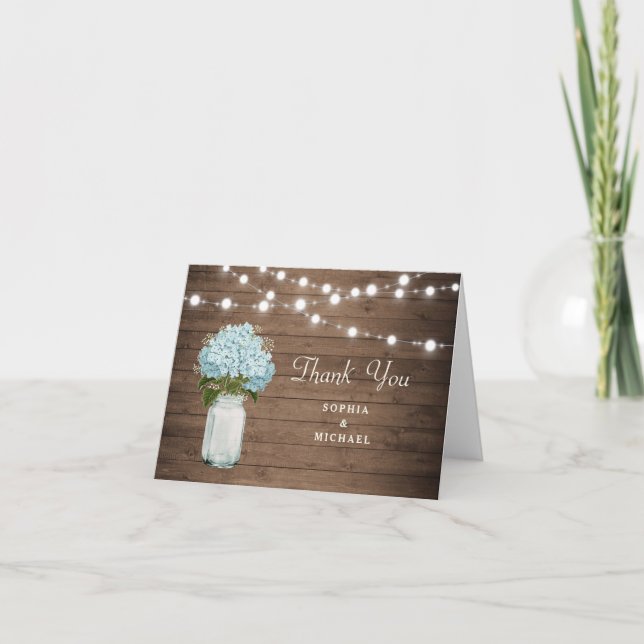 Rustic Floral Hydrangea Mason Jar String Lights Thank You Card (Front)
