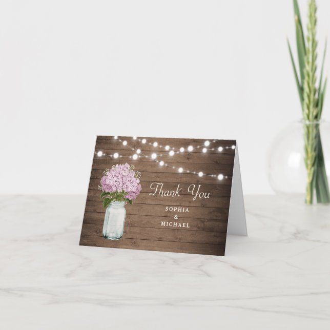 Rustic Floral Hydrangea Mason Jar String Lights Thank You Card (Front)