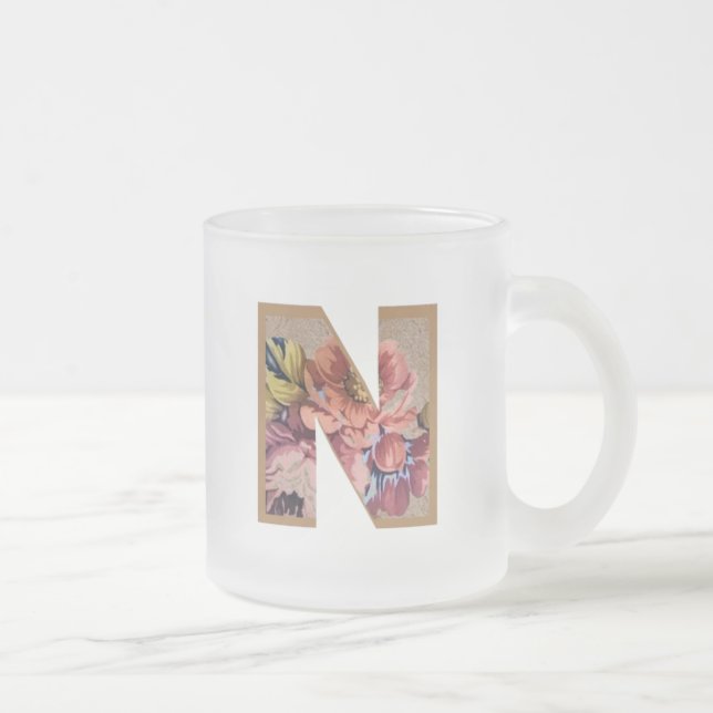 Rustic Floral Initial Letter N Monogram Frosted Glass Coffee Mug (Right)
