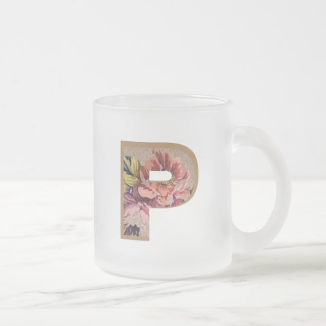 Rustic Floral Initial Letter P Monogram Frosted Glass Coffee Mug (Right)